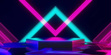 Esports Scifi oyun siberpunk, vr sanal gerçeklik simülasyonu ve metaevren soyut arka plan video oyunu, sahne kaidesi sahnesi, 3D illüstrasyon canlandırma, fütürist neon ışığı odası