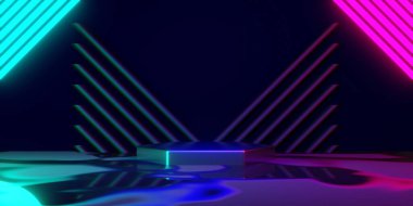 Esports Scifi oyun siberpunk, vr sanal gerçeklik simülasyonu ve metaevren soyut arka plan video oyunu, sahne kaidesi sahnesi, 3D illüstrasyon canlandırma, fütürist neon ışığı odası