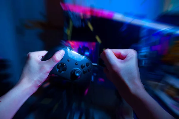 Gamer Playing Online Game Joystick Controller Neon Glow Dark Cyberpunk — Foto Stock
