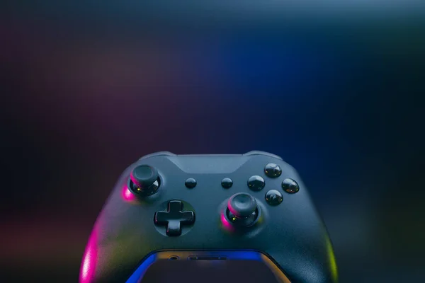 Gamer Playing Online Game Joystick Controller Neon Glow Dark Cyberpunk — Φωτογραφία Αρχείου