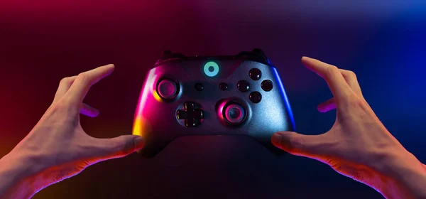 Gamer Playing Online Game Joystick Controller Neon Glow Dark Cyberpunk — Stock Fotó