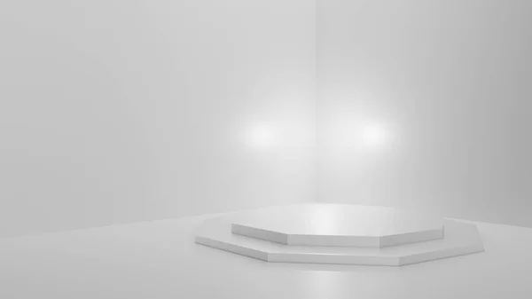 Vykreslování Mockup Displej Stojan Displej Abstraktní Bílá Pastel Prázdný Pokoj — Stock fotografie
