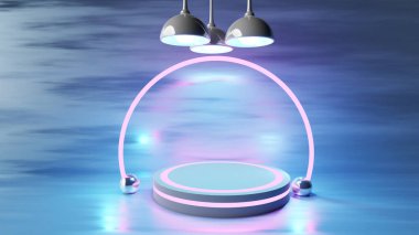 Podyum. Mavi bir palette yuvarlak geometrik şekillerin soyut fütüristik 3D görüntülemesi.