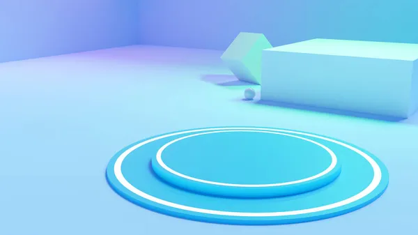 モデリングプラットフォーム 3Dレンダリング 幾何学的な形状の未来的な抽象化 パステルブルーの部屋の水の背景の液体に囲まれ ストック写真
