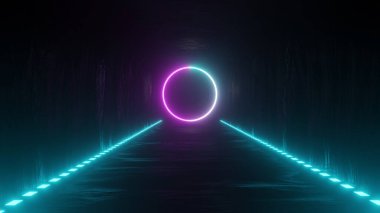 Parlayan neon dairelerin 3 boyutlu yansıması ve beton duvar arkaplanındaki kare çerçeveler