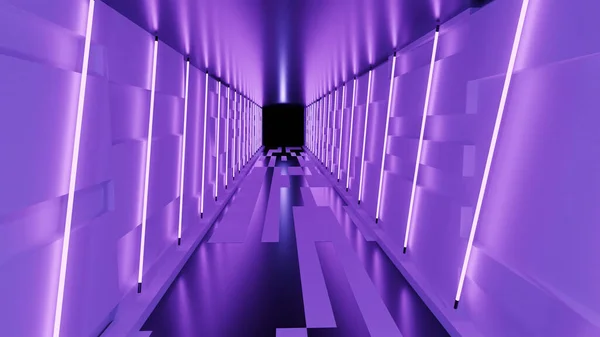 Rendering Abstract Purple Neon Hallway Corridor — Stock Photo, Image