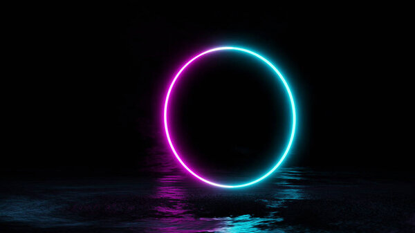3D рендеринг светящихся неоновых кругов на бетонном полу