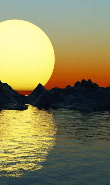 3Dレンダリング日の出と日没 星の光 穏やかな海 抽象的な背景 — ストック写真