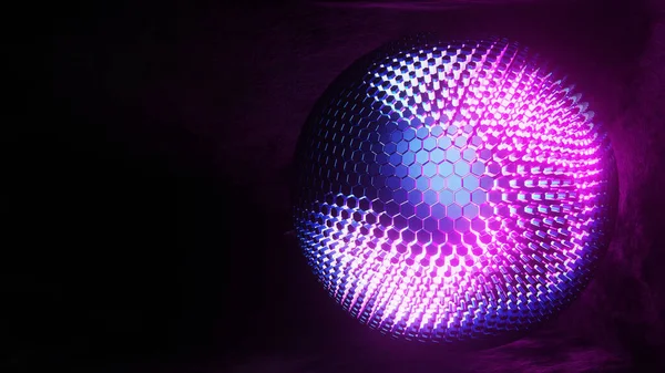 3D rendering hexagon grid sphere with glow edge color in darkroom abstract illustration