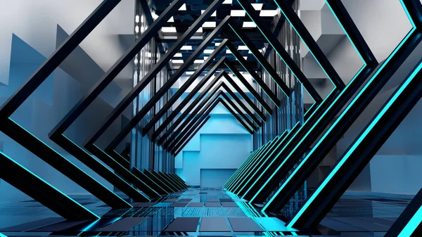 抽象的な背景の3Dレンダリング ブルーサイエンスフィクションSci Fi廊下 ロイヤリティフリーのストック写真