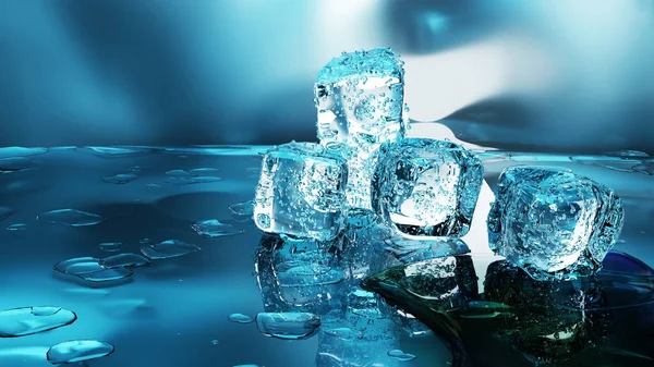 3D rendering of pure water ice cubes melting in slow motion. abstract concept Pure mineral waters, ice, cocktails, fresh and frozen products.