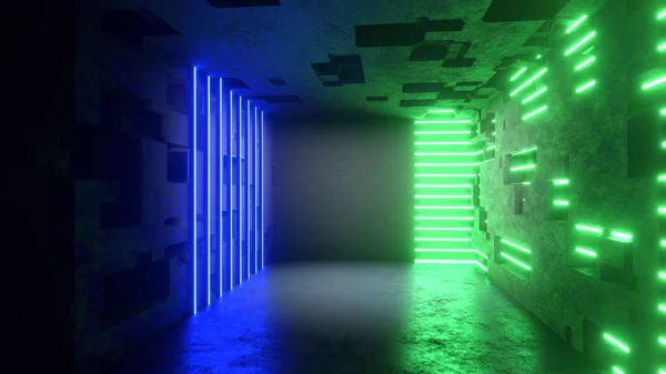 3Dレンダリングネオン抽象的な空の廊下トンネルの背景 ストック画像
