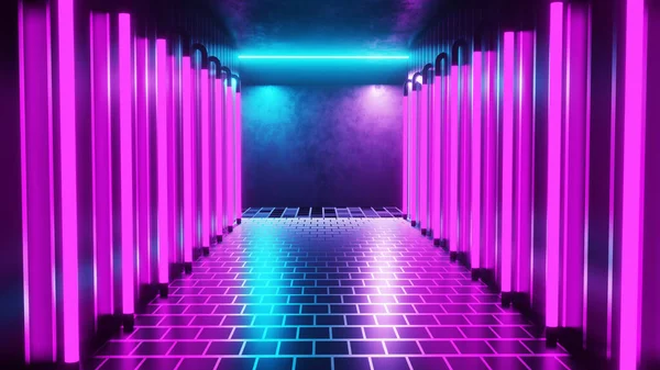 3Dレンダリングネオン抽象的な空の廊下トンネルの背景 ロイヤリティフリーのストック画像