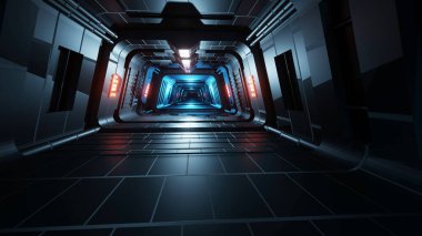 3D rendering Neon tunnel hall in an empty abstract futuristic dark room