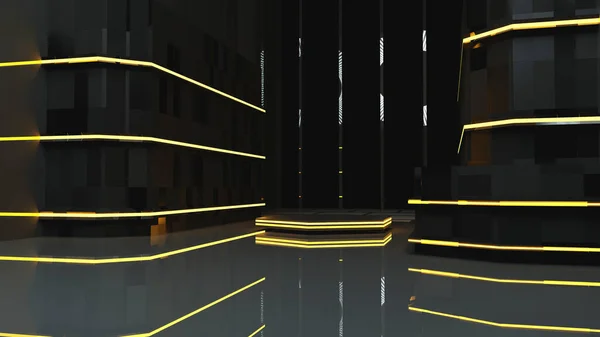 Rendering Yellow Neon Tunnel Hall Empty Abstract Futuristic Dark Room — ストック写真