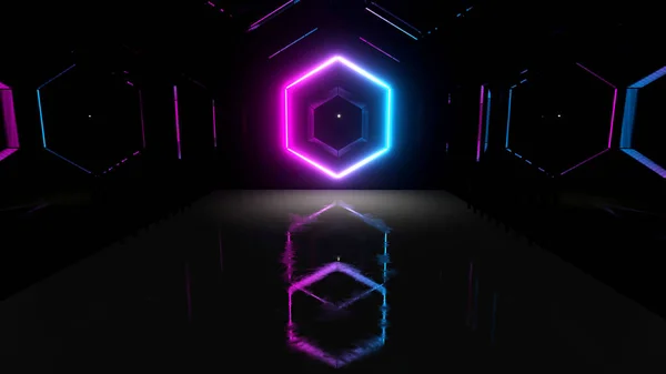 Rendering Glowing Neon Laser Beam Purple Blue Dark Hexagon Blank — Zdjęcie stockowe