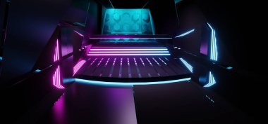 Blue and purple neon light on dark wallpaper at night. Abstract concrete texture background with 3d renderings