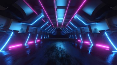 Blue and purple neon light on dark icon wallpaper at night. Abstract concrete texture background with 3d renderings