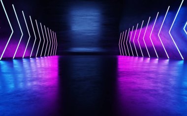 Modern futuristic sci-fi reflects concrete. A room with neon lights glowing pink and blue. Blank Space Shape Wallpaper Backgrounds 3D Illustration Glowing Laser Rendering Grunge Reflective Lines arrow neon light tiles abstract background