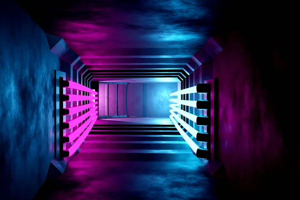 Sci Neon Blue Laser Futuristic Modern Empty Grunge Reflective Concrete — Zdjęcie stockowe