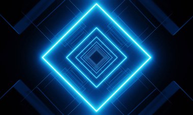 3D görüntüleme boş arka plan Gölgeler karanlık bir sokakta yansıyan kumlu bir zemin. Karanlıkta mavi-pembe neon ışıklar. Boş sahne performanslarının arkasındaki neon şekiller soyut koyu arkaplan