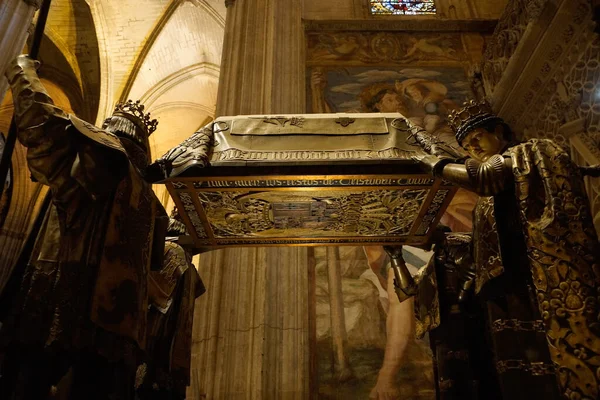 Sewilla Hiszpania Szczegóły Grobu Krzysztofa Kolumba Katedrze Sewilli — Zdjęcie stockowe