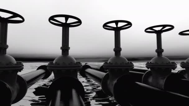 Rury naftowe z zaworami nad dużym morzem czarnego oleju — Wideo stockowe