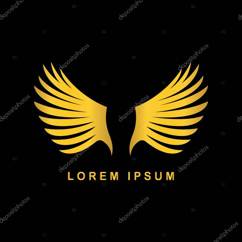 Gold bird wings vector logo. Vector golden angel winged business label. Wings angels with crown for business advertising illustration