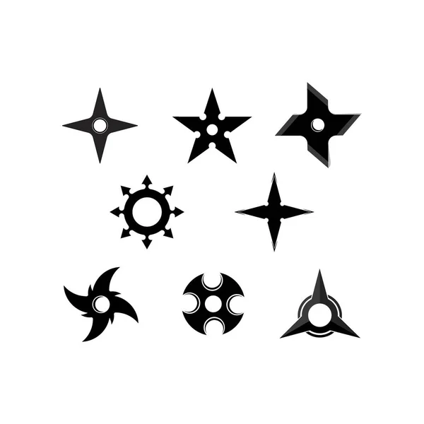 Insieme Icone Vettoriali Shuriken Isolate Disegno Del Logo Dell Illustrazione — Vettoriale Stock