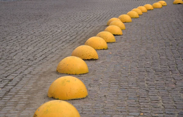 Yellow Concrete Hemisphere Parking Stop Old Paving Stones Square — Stock Photo, Image