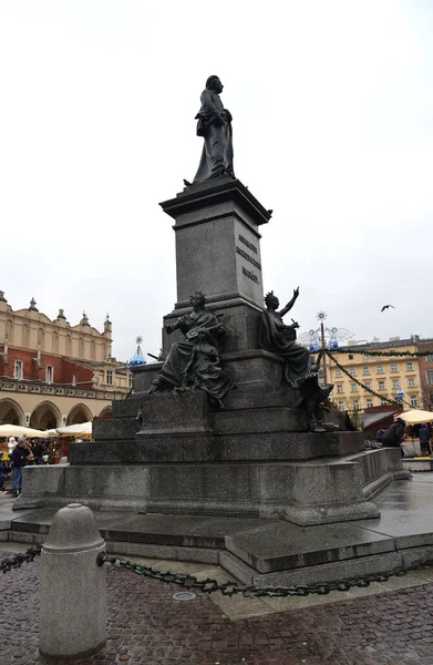 Krakow Poland December 2018 Adam Mickiewicz Monument Main Market Square — Stock Photo, Image