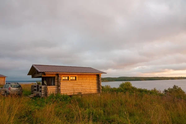 Wooden House Log House Lake Shore Sunset Summer Karelia Russia — Stock Photo, Image