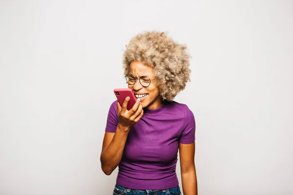 Portrait Smiling Young Woman Using Smart Phone While Standing White — Stok Foto