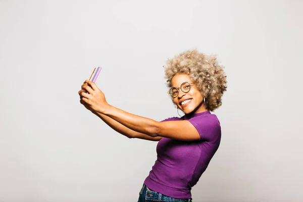 Portrait Smiling Young Woman Using Smart Phone Rainbow Flag Case — Stok Foto