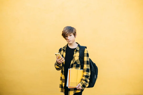 Portrait Teenager Smiling Student Boy Notebooks Backpack Front Yellow Background — Fotografia de Stock