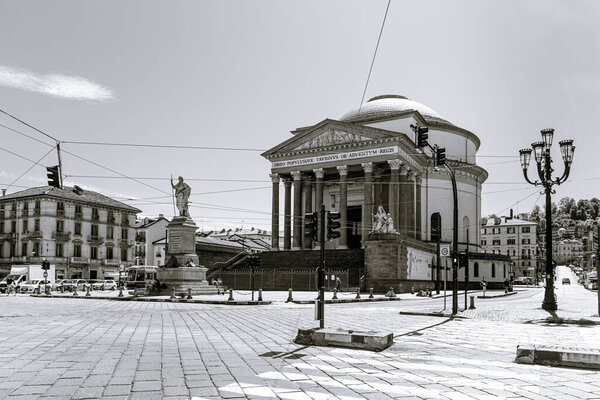 Turin, Italy. May 12th, 2021. Facade of Gran Madre di Dio Church seen from Corso Casale. Black and white image.