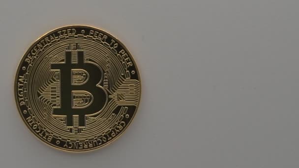 Real Golden Metal Bitcoin Isolated White Background Panning Effect Light — Stock Video