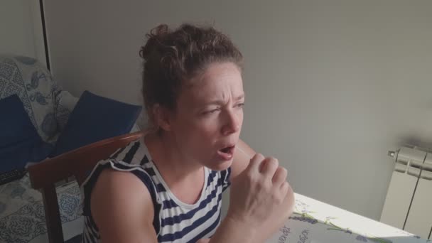 Woman Home Inserts Swab First Mouth Nose Quick Anticovid Test — Stock Video