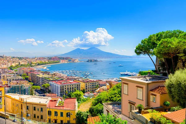 Napoli, İtalya. Arka planda Vezüv Dağı ve ön planda çam ağaçları olan Posillipo tepesinden Napoli Körfezi manzarası. 31 Ağustos 2021. 