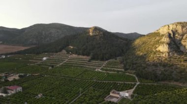 Gandia, Kominitat Valenciana 'daki Marxuquera' dan hava görüntüleri. Güneş dağların arkasında batıyor.