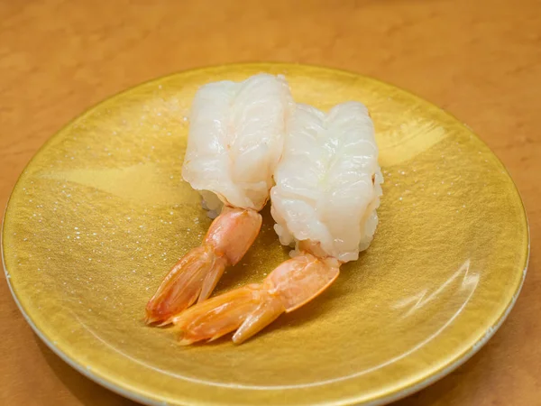 Fresh Shrimp Sushi Golden Plate Ready Eat — Stock Photo, Image