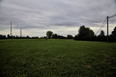 İtalya kırsalında bulutlu bir günde, uzaklarda bir korulukla açık alan.