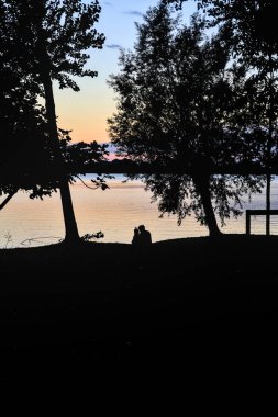 Gün batımında gölün kıyısında ağaçların yanında oturan bir adamın silueti.