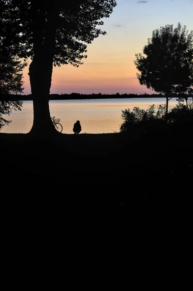 Silhouette Man Sitting Next Trees Shore Lake Sunset — Stock Photo, Image