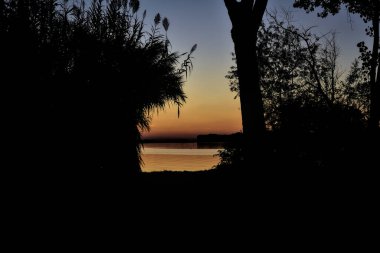 Gün batımında ağaçlarla çevrili göl