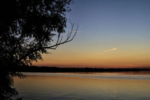夕阳西下的湖面被树框围住 — 图库照片