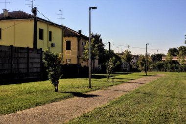 Güneşli bir günde, yerleşim yerinin parkındaki çakıl yolu.