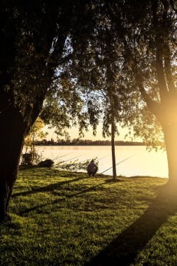 Sonbaharda alacakaranlıkta nehir kenarında bir balıkçı.