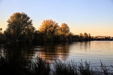 Gün batımında kıyıda Nehir boyunca uzanan
