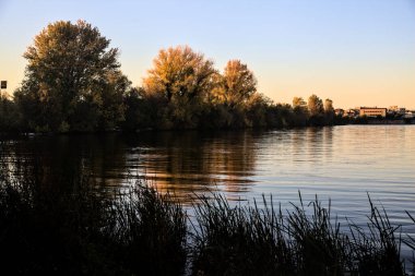Gün batımında kıyıda Nehir boyunca uzanan